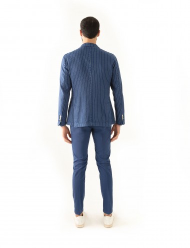 Giacca Monopetto PT mod. "Nisida" blu in cotone/lino stretch indossato retro